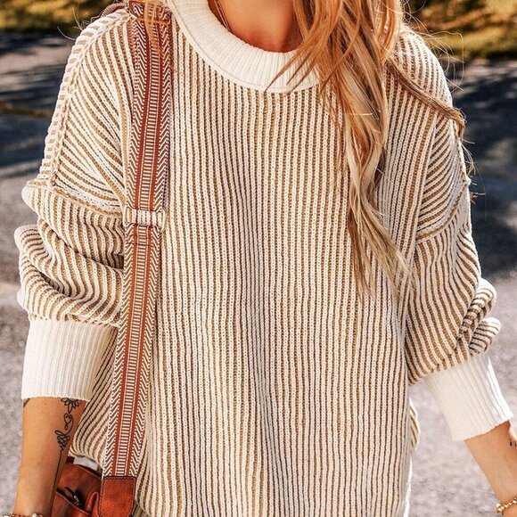 Casual Women's Striped Colorblock Loose Fit Round Neck Pullover Sweater top - Picture 4 of 8